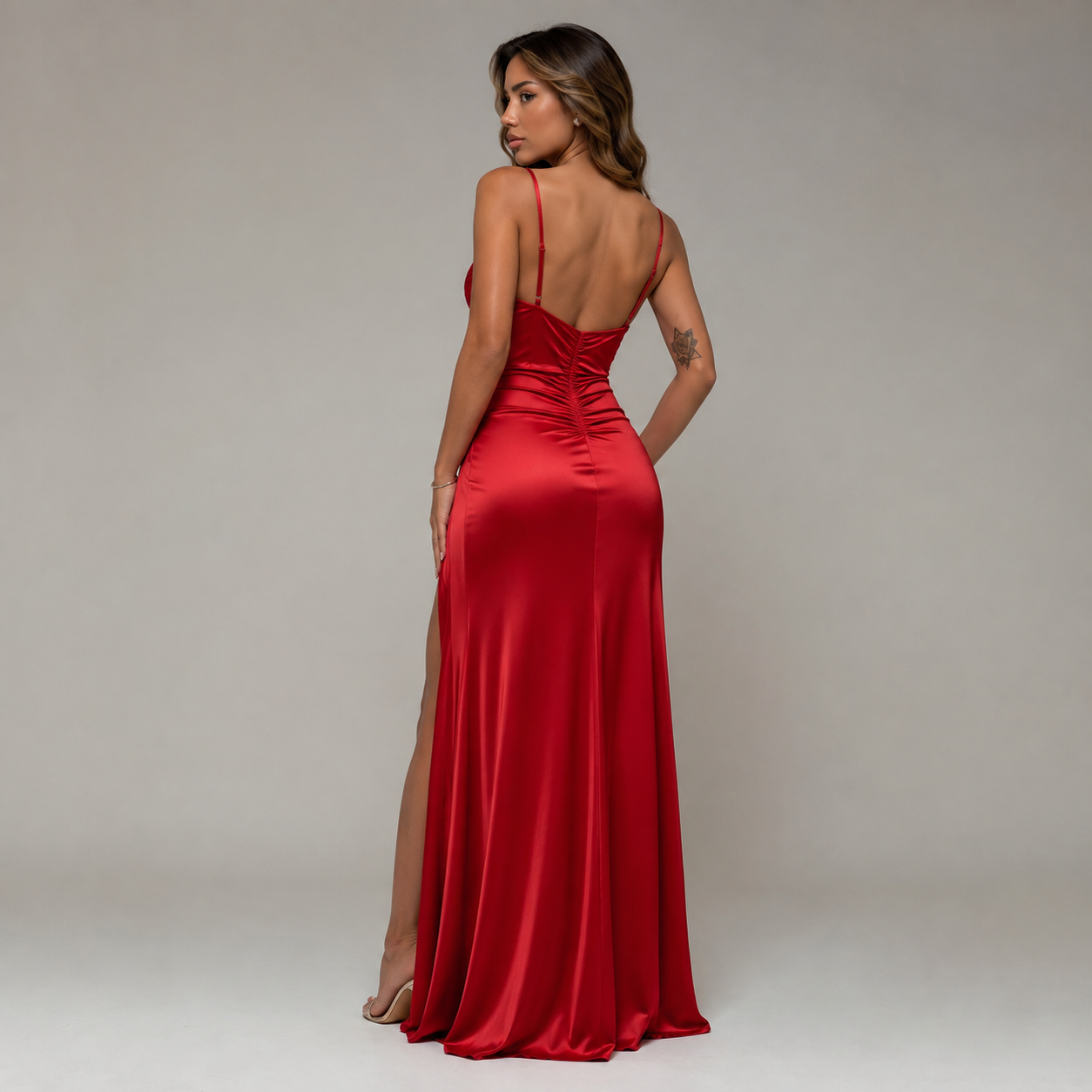 Satin V-Neck Slit Gown