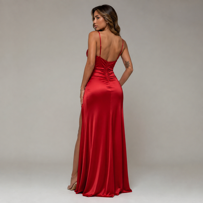 Satin V-Neck Slit Gown